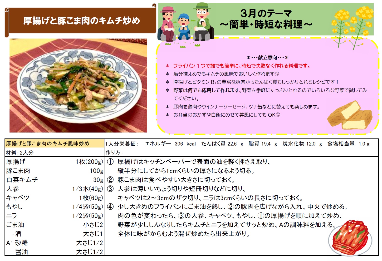 3月レシピ 厚揚げと豚こま肉のキムチ炒め