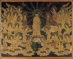 阿弥陀如来と25の聖衆が描かれている絹本著色阿弥陀二十五菩薩来迎図の写真