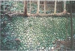 小さな石がいくつも積みあげられて作られた目細谷築堤の写真