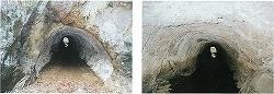 岩肌が黒くなった部分やノミを振るった跡が残っている柳谷トンネルの2枚の写真
