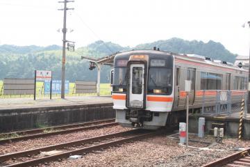 自然に囲まれた無人駅に快速みえ号が入っている写真