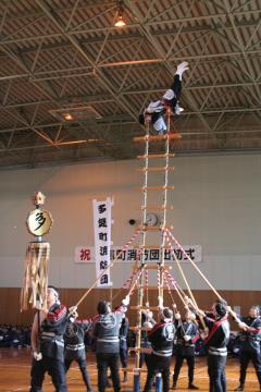 体育館で消防団の方々による梯子乗りの曲芸が行われている写真